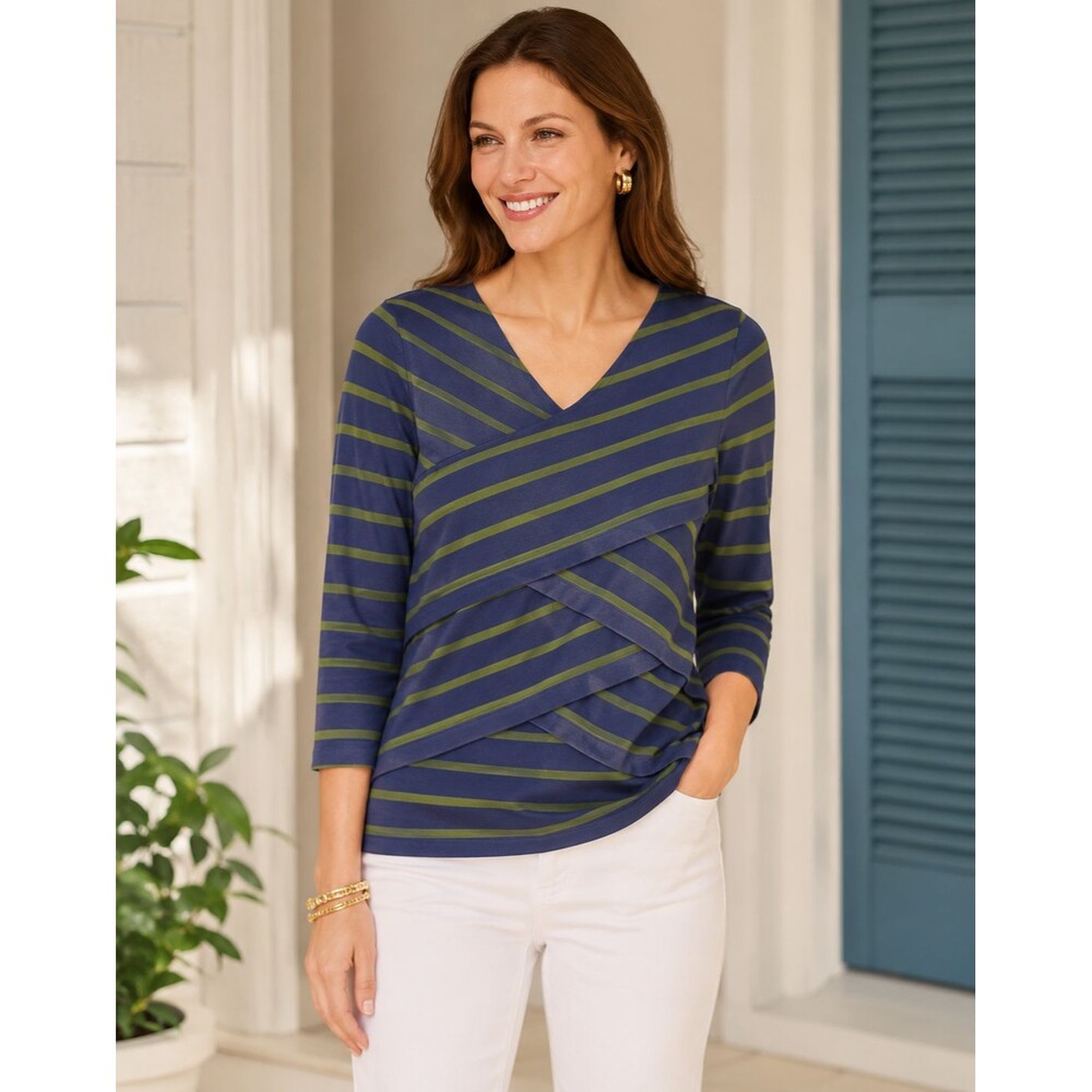 NWT J. McLaughlin Finley Shirt V Neck Overlay Top M Green/Navy Stripe Catalina